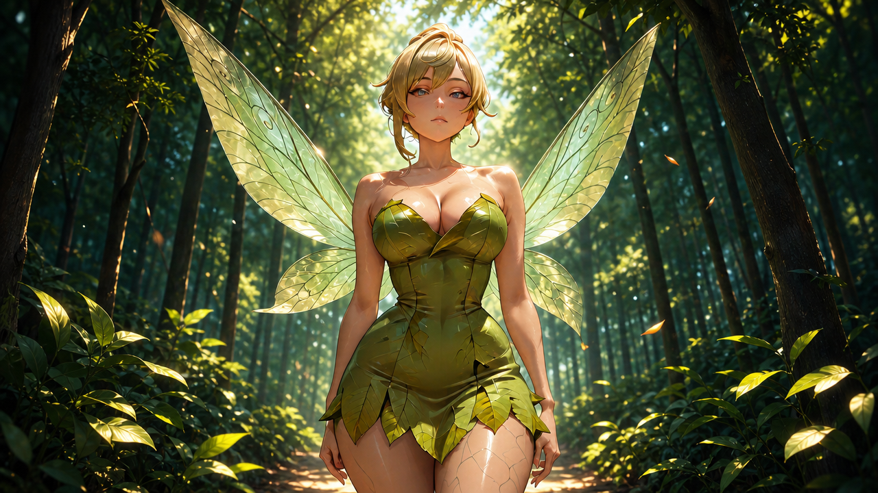 Fantasy fairy with green leaf dress and translucent wings in a sunlit forest.