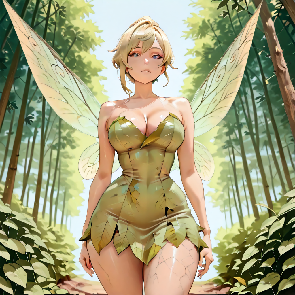 Winged fairy woman in a leaf dress walking through a sunlit forest