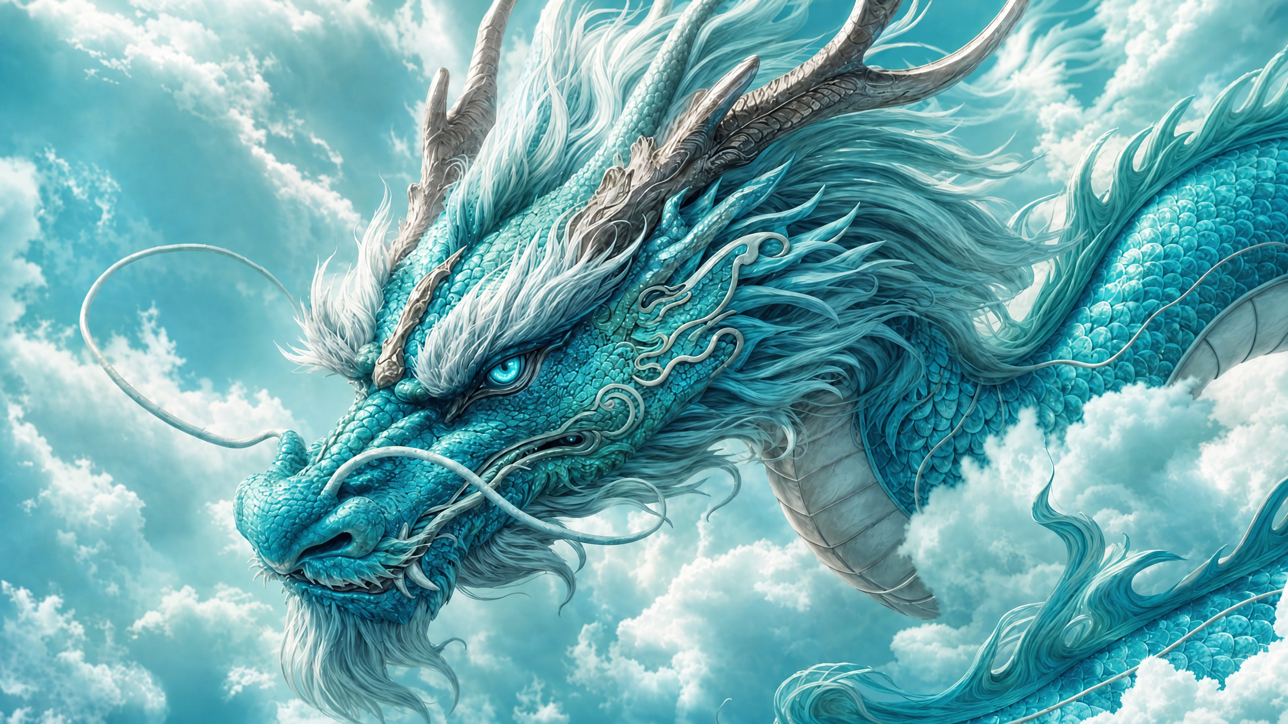 Majestic blue dragon soaring through cloudy sky with intricate scales and wispy mane.