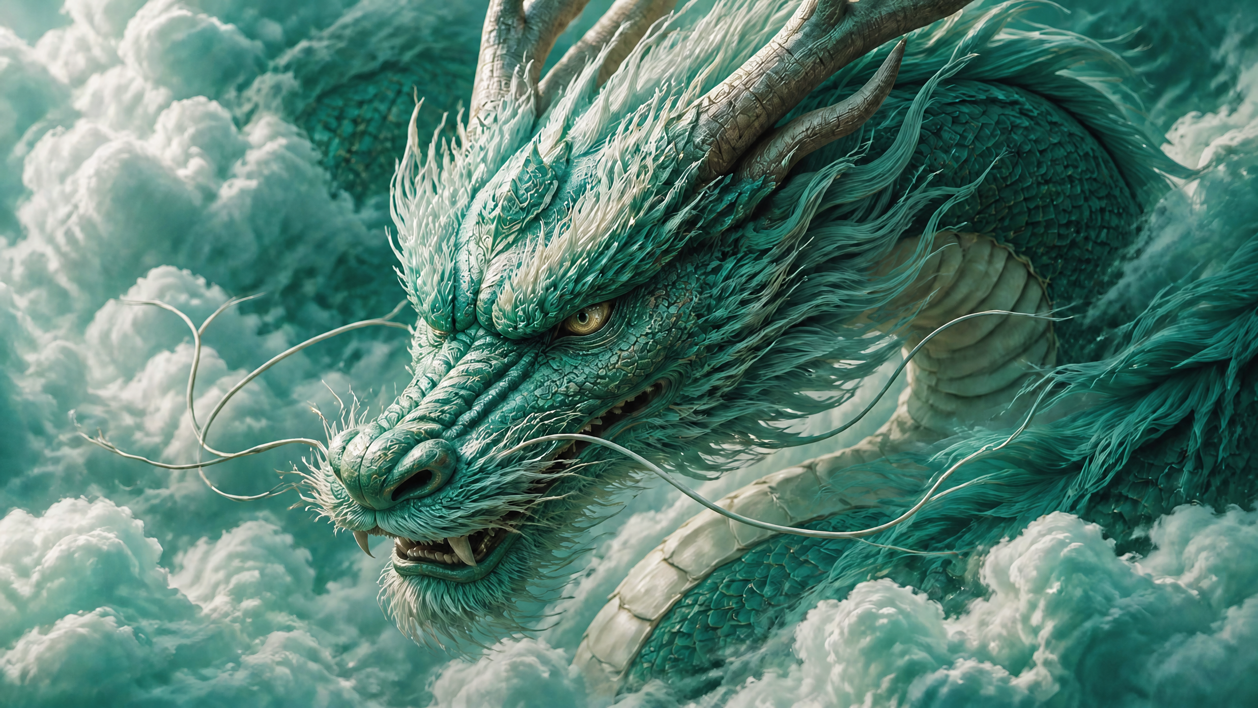 A turquoise dragon lunges through pale green clouds with piercing yellow eyes and fierce expression.