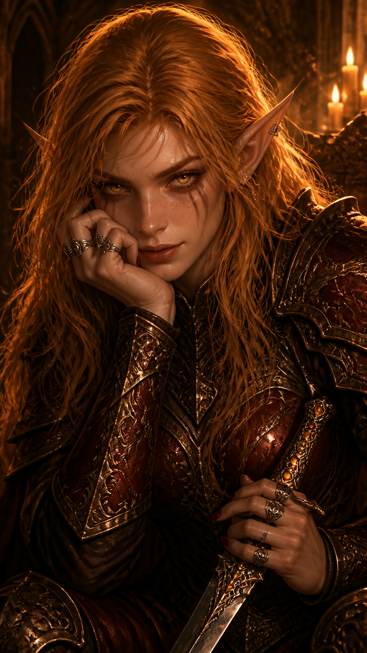 [Close-up portrait of a brooding elven female warrior with copper hair, golden eyes, and ornate armor lit by warm candleli...