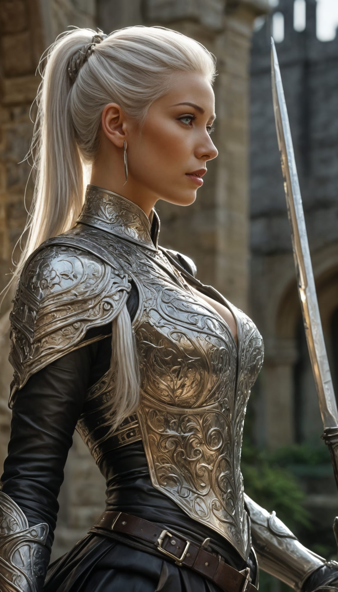 [Profile view of platinum blonde female fantasy knight in engraved silver armor holding a longsword in a stone castle cour...