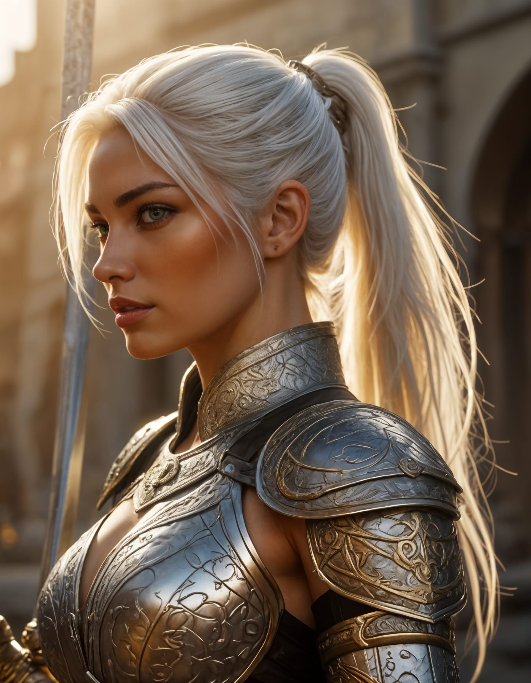 Side profile portrait of a platinum blonde female knight in ornate engraved armor, holding a sword in a sunlit castle sett...