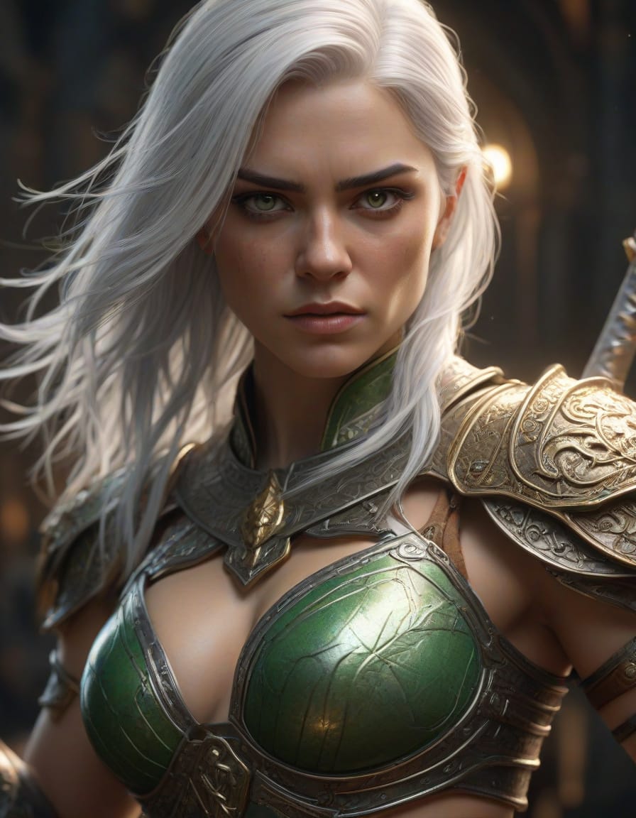 Close-up portrait of a fierce silver-haired fantasy female warrior wearing ornate green and gold armor, intense determined...