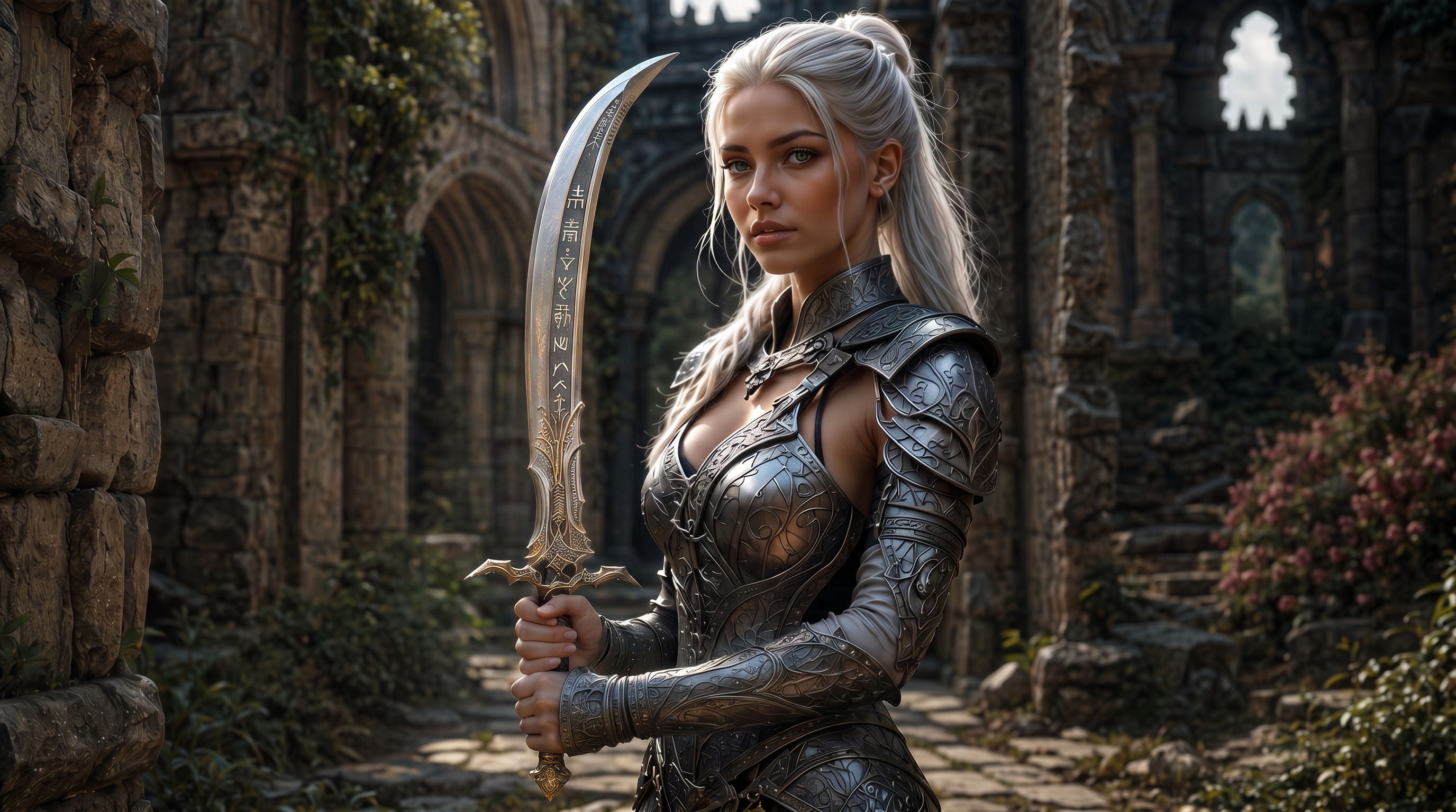 Stoic silver-haired female fantasy warrior in engraved armor holds a rune-etched curved sword inside overgrown ancient sto...