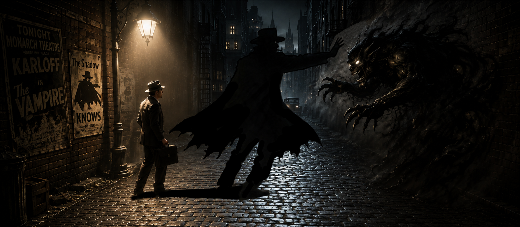 1930s detective stands on a wet cobblestone alley as his shadow battles a glowing clawed supernatural monster under a stre...