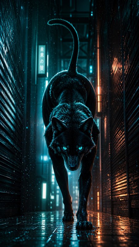 A black wolf with blue eyes prowling through a neon-lit rainy alley at night.