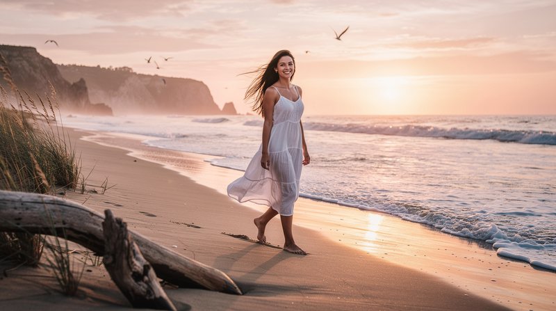 [Smiling woman in a flowing white sundress walks barefoot along a sandy ocean beach during warm pastel sunset.]