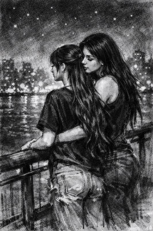 Charcoal sketch of two women embracing on a waterfront overlook under a starry night city skyline.