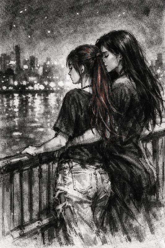 Charcoal sketch of two women embracing on a balcony overlooking a lit night city waterfront skyline