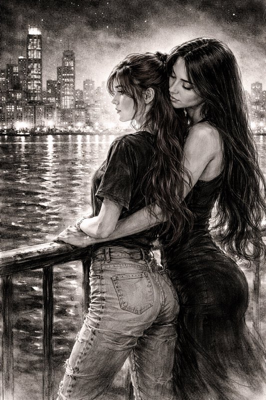 Monochrome pencil illustration of two women embracing on a waterfront overlook, facing a glowing night city skyline.