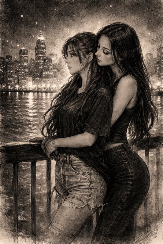 Sepia charcoal sketch of two women embracing on a waterfront pier overlooking a glowing city skyl...