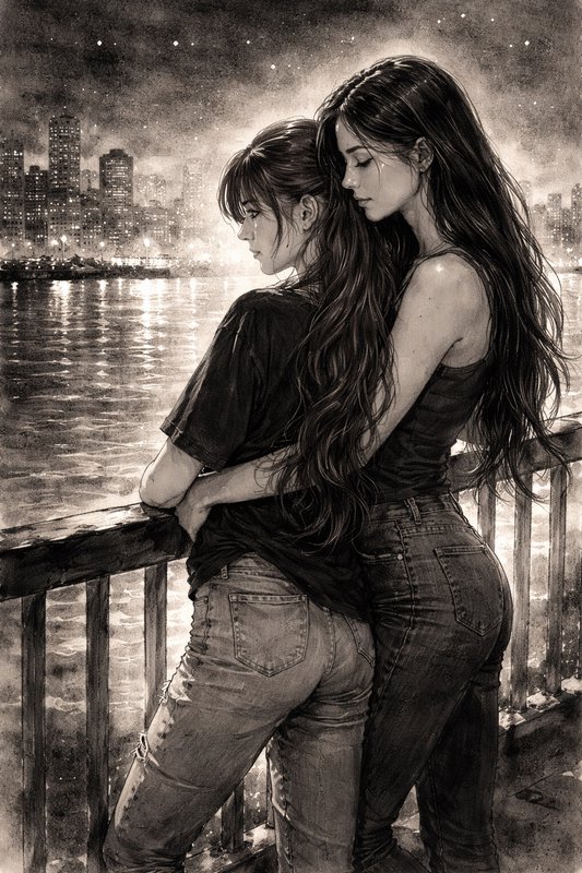 Sepia sketch of two women embracing on a waterfront pier, overlooking a lit city skyline on a sta...