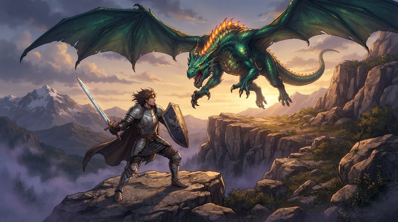 Armored knight with sword and shield confronts a swooping green fire dragon on a misty mountain c...