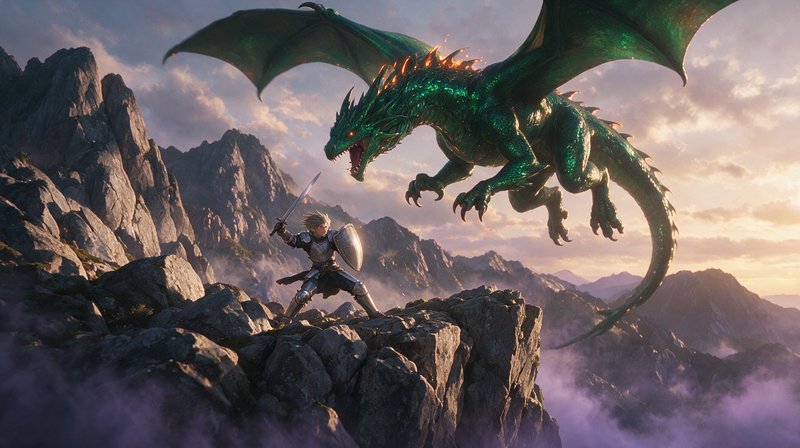 Armored knight with sword and shield confronts a glowering emerald dragon hovering over a misty m...