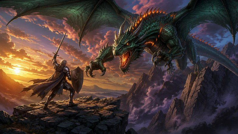 Armored knight with raised sword and shield confronts a massive emerald dragon on a mountain peak...