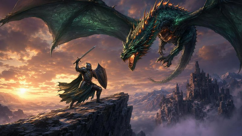 Armored knight with sword and shield confronts a massive spiked emerald dragon atop a mountain cl...