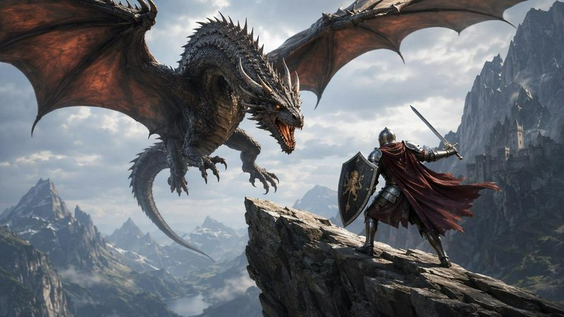 Armored knight with sword and shield confronts a menacing flying dragon atop a rocky mountain cli...