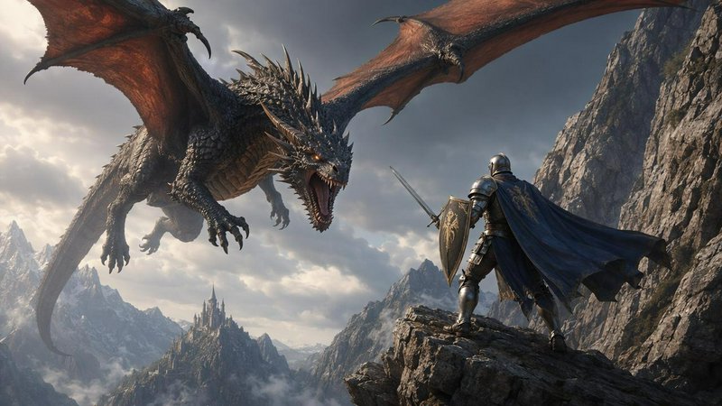 Armored knight on a rocky mountain cliff faces off against a menacing flying dragon, with a spire...