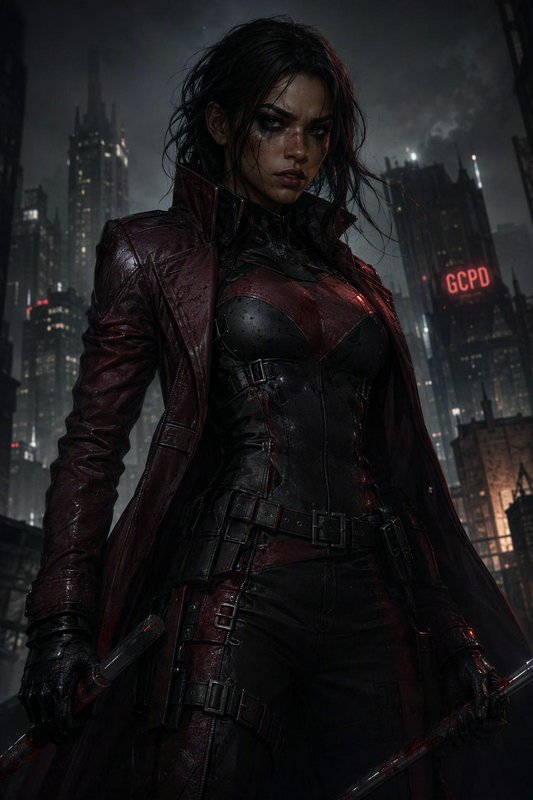 Fierce female Gotham vigilante in wet maroon leather coat stands in rainy foggy night, glowing GCPD sign in skyline backgr...