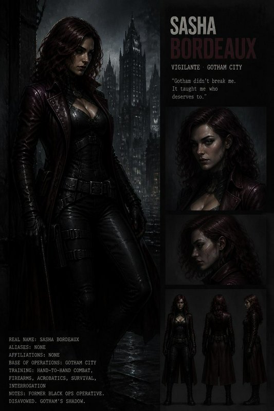 Character reference sheet for Sasha Bordeaux, Gotham vigilante, showing full body art, portraits,...