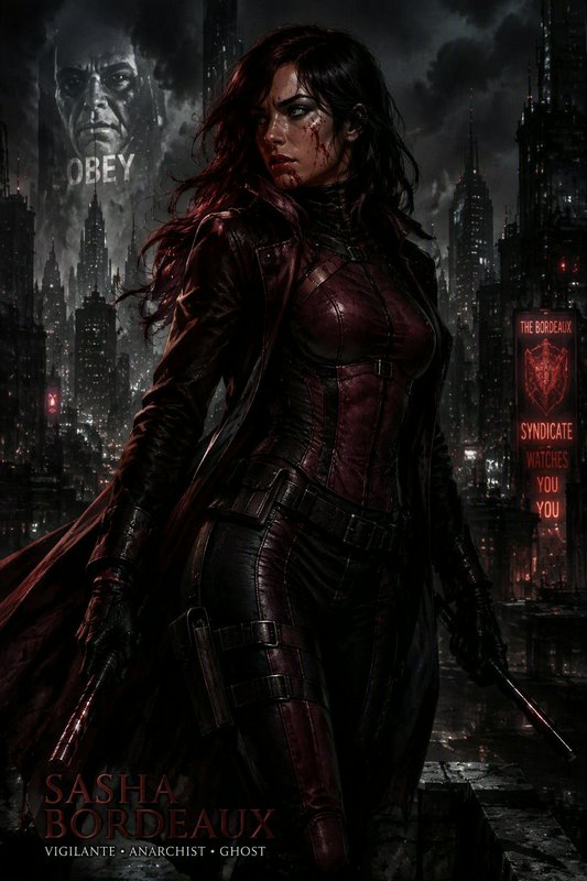 Leather-clad cyberpunk vigilante Sasha Bordeaux stands armed on a dystopian city rooftop beneath ...