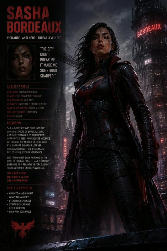 Character profile sheet for anti-hero vigilante Sasha Bordeaux, standing against a dark rainy cyb...