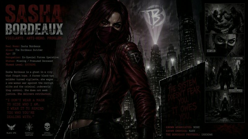 Gritty character profile of masked vigilante Sasha Bordeaux, set against a dark dystopian night c...