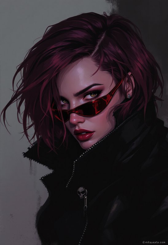 Digital portrait of an edgy woman with short burgundy hair, red slim sunglasses, and black high c...