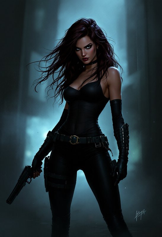 Fierce female assassin in black tactical gear holds a handgun, standing in a foggy teal-lit dark ...