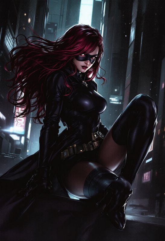 Fierce masked female vigilante with long windswept red hair perched on a skyscraper edge above a ...
