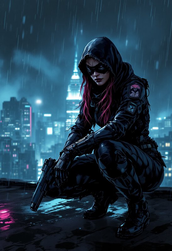 Crouching hooded female cyberpunk assassin holding a handgun on a wet rainy city rooftop at night