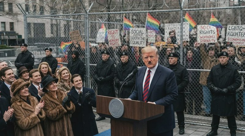 Donald Trump stands at a speaking podium, as supporters clap and protestors behind a fenced barri...