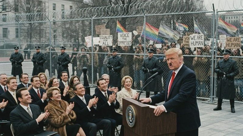 Donald Trump speaks at a presidential podium as supporters clap, with equality protestors behind ...