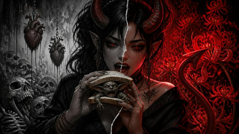 Split portrait of horned demon woman holding a goblin sandwich, contrasted grayscale skull and re...