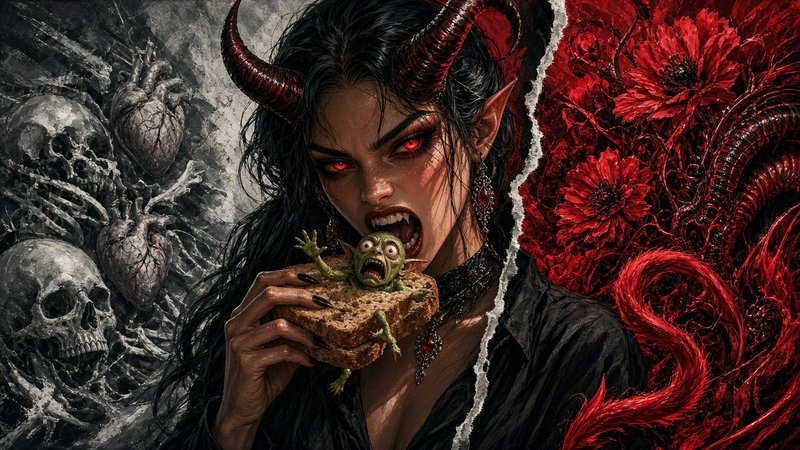 Horned demonic tiefling woman about to eat a sandwich holding a terrified goblin, surreal dark fa...