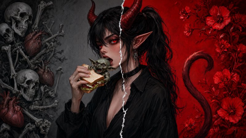 Split portrait of horned demon elf girl eating a goblin-topped sandwich, left panel has skulls, r...