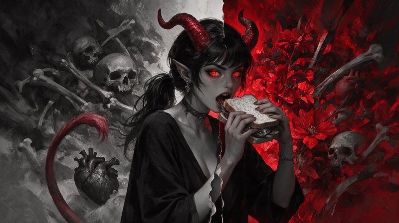 Split surreal art of horned demon woman with glowing red eyes eating a sandwich, flanked by grays...