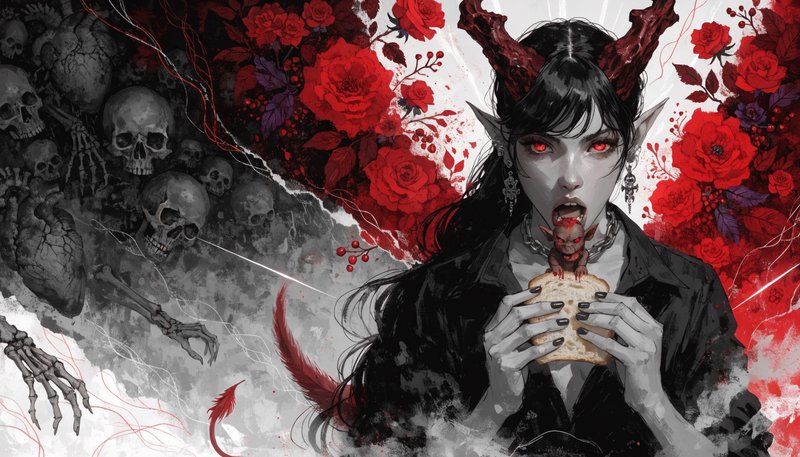 Horned demon tiefling woman with glowing red eyes holds toast with a tiny imp, framed by red rose...