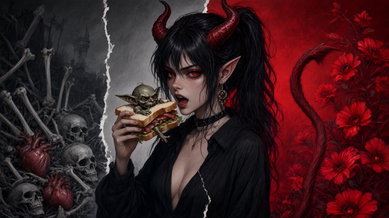 Stylized horned demon girl holds a goblin-topped sandwich, split torn background of skulls and br...