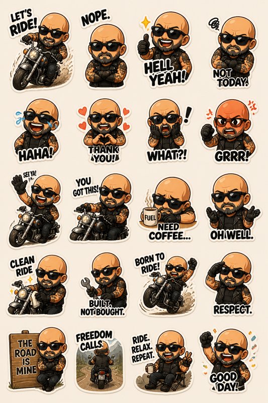 Sticker sheet of cute chibi bald biker character with varied expressions, motorcycles, and humoro...