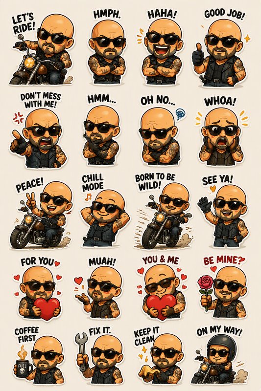 Chibi biker sticker sheet collection featuring a bald tattooed motorcyclist in 20 unique expressi...