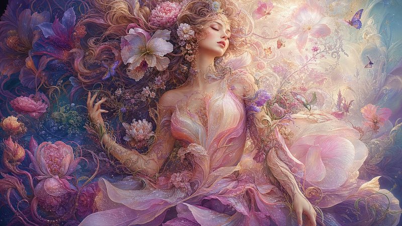 Ethereal floral fairy goddess with closed eyes, surrounded by blooming pastel flowers and flutter...