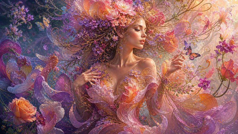 Ethereal spring goddess with floral hair and gown holds a butterfly, surrounded by glowing pastel...