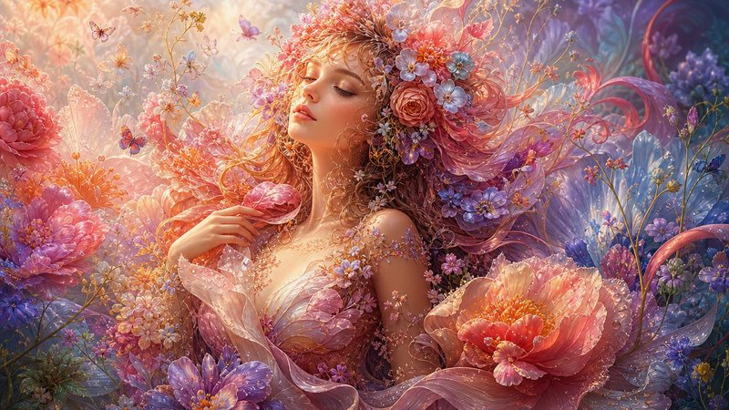 Ethereal serene flower goddess with a floral hair crown, surrounded by pastel peonies and flutter...
