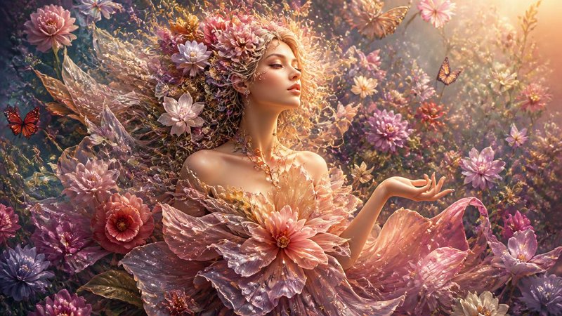Serene ethereal flower fairy with blossom hair and petal gown, surrounded by pastel blooms and fl...