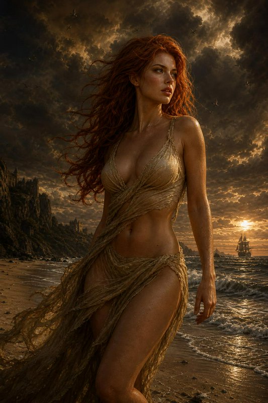 Red-haired mythical goddess stands on a windswept beach under stormy sunset skies, with distant c...