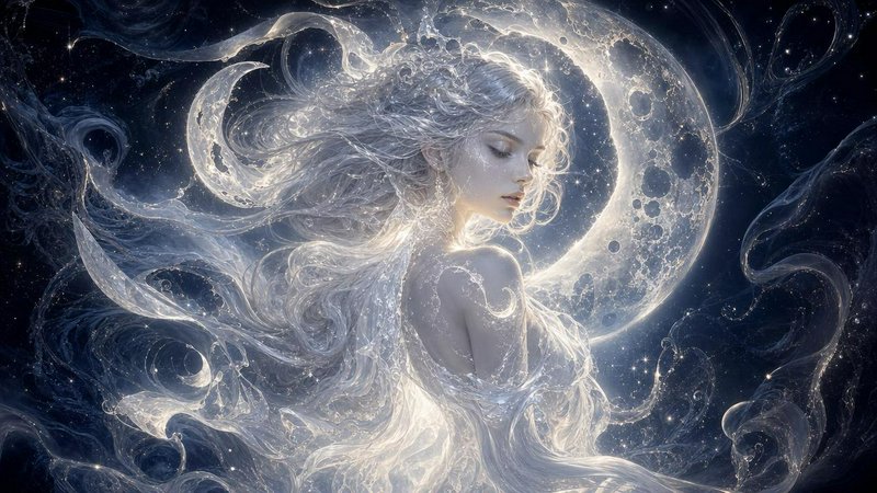 Ethereal silver-haired moon goddess with flowing luminous hair, glowing crescent moon behind her on a dark starry cosmic b...