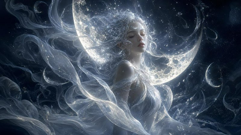 Ethereal serene moon goddess with closed eyes, flowing silvery hair, standing before a glowing textured crescent moon in a...