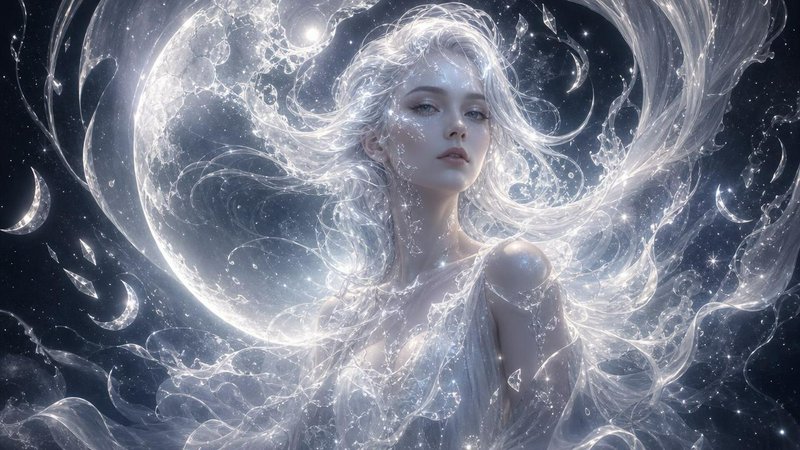 Ethereal lunar goddess with flowing silver hair, glowing crystal moons and stardust swirling around her against a dark sta...